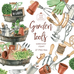 Aquarell Garten Clipart, Gießkanne, Schaufel, Rake, Töpfe, Scrapbooking, Tiered Tray Design, PNG, Direkter Download.