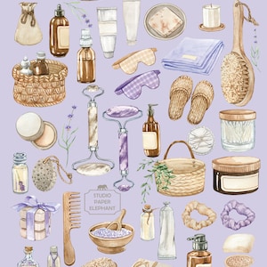May include: A watercolour illustration of a variety of spa and bath products, including soaps, lotions, bath salts, and brushes. The products are arranged on a light purple background. The text "Studio Paper Elephant" is visible in the centre of the image.