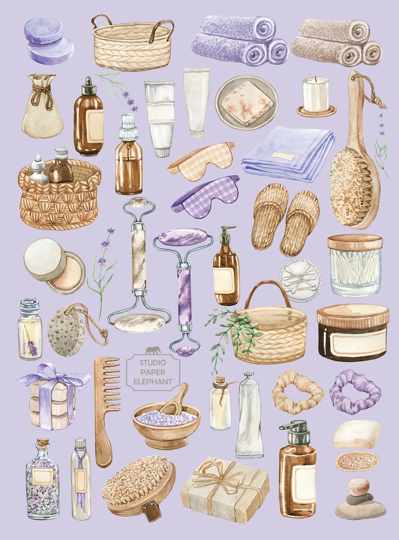 May include: A watercolour illustration of a variety of spa and bath products, including soaps, lotions, bath salts, and brushes. The products are arranged on a light purple background. The text "Studio Paper Elephant" is visible in the centre of the image.