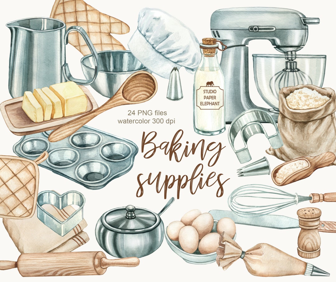 Watercolor Baking Supplies, Hand Painted Bakery Logo Design, Watercolor Home  Bakery Clipart, Wooden and Metal Kitchen Utensils, PNG. 