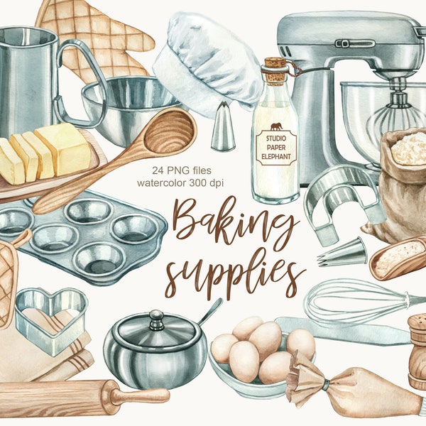Watercolor baking supplies, Hand - painted  bakery logo design, Watercolor home bakery clipart, Wooden and metal kitchen utensils, PNG.