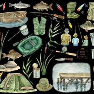 May include: A watercolor illustration of fishing gear and equipment, including a fishing rod, tackle box, life vest, fishing boots, a boat, a tent, a fishing net, a can of worms, a thermos, a water bottle, a mug, a bucket, a fishing lure, a fish, and a dock. The illustration is set against a black background.
