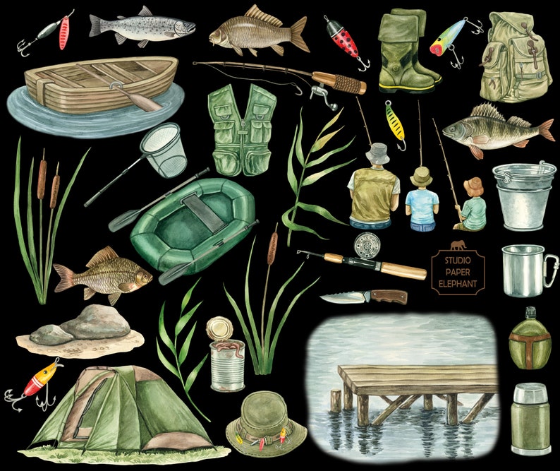 May include: A watercolor illustration of fishing gear and equipment, including a fishing rod, tackle box, life vest, fishing boots, a boat, a tent, a fishing net, a can of worms, a thermos, a water bottle, a mug, a bucket, a fishing lure, a fish, and a dock. The illustration is set against a black background.