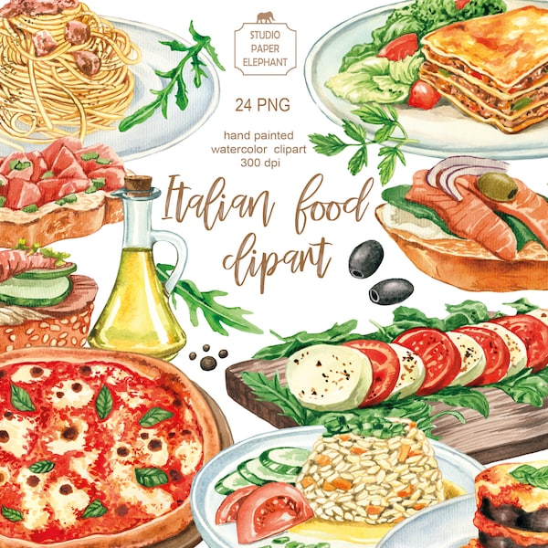 Watercolor Italian Food Clipart, Pizza Clipart, Pizza Party, Pizza Menu, Lasagna, Bruschetta, Risotto, Ravioli, Pasta Clipart, PNG.