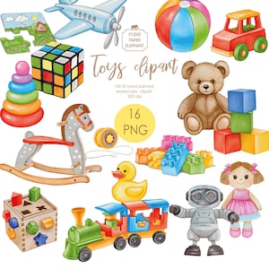 Puede incluir: Clipart de acuarela de varios juguetes, incluyendo un avión, una pelota, un coche, un oso de peluche, bloques, una muñeca, un robot, un tren, un caballito balancín y más. La imagen incluye el texto "Toys clipart" y "16 PNG".