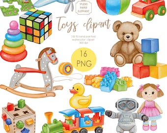 Clipart de juguetes infantiles en acuarela, juguetes imprimibles, descarga digital (PNG)