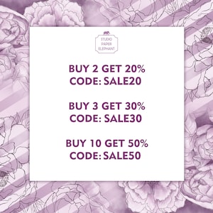 May include: A white card with purple text on a background of purple watercolor flowers. The text reads "Studio Paper Elephant" and includes three discount codes: "BUY 2 GET 20% CODE: SALE20", "BUY 3 GET 30% CODE: SALE30", and "BUY 10 GET 50% CODE: SALE50".