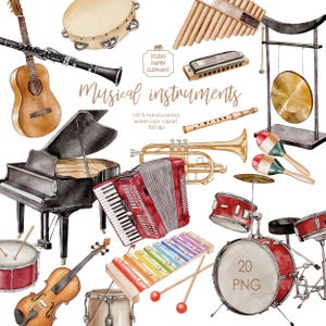 Op de afbeelding: Waterverfillustratie van diverse muziekinstrumenten, waaronder een vleugel, gitaar, drums, viool en trompet. De afbeelding bevat ook een accordeon, xylofoon en maracas. De tekst luidt "Muziekinstrumenten" en "100% handgeschilderde aquarel clipart 300 dpi."