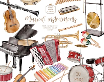 Watercolor Musical Instruments Clipart: PNG Set for Music Decor (Digital Download