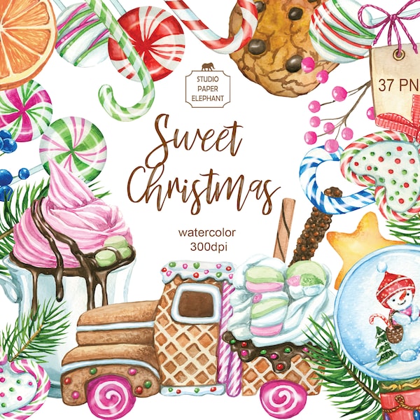 Watercolor Christmas sweets clipart, Christmas cookie, Gingerbread clipart, Christmas truck, Lollipops, Glass ball, PNG.