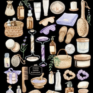 May include: A watercolour illustration of various spa and bath products, including bath bombs, soaps, lotions, candles, and bath brushes. The illustration is set against a black background and features a variety of colours, including purple, brown, and white.