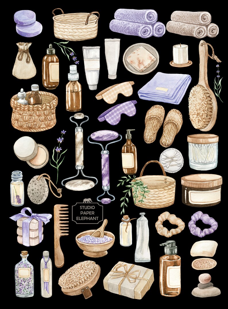May include: A watercolour illustration of various spa and bath products, including bath bombs, soaps, lotions, candles, and bath brushes. The illustration is set against a black background and features a variety of colours, including purple, brown, and white.