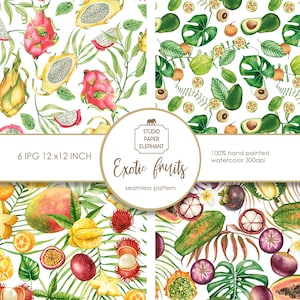 Padrão de frutas exóticas em aquarela sem emendas: papel digital tropical (JPG)