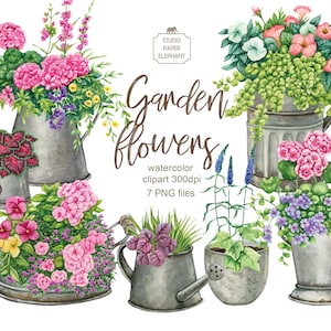 Watercolor garden clipart, Garden flowers in containers, Rusty garden pots, Plant and flower compositions, PNG, instant download.