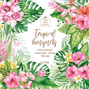 Bouquet tropicali ad acquerello, Fiori e foglie tropicali, Matrimonio tropicale, Foglie e fiori tropicali, download istantaneo, PNG.
