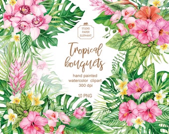 Clipart bouquet tropical aquarelle : fleurs et feuilles PNG (téléchargement numérique)