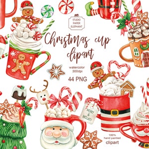 Watercolor Christmas cups clipart, Christmas Hot cocoa , Christmas cookies and candies clipart, PNG, instant download.