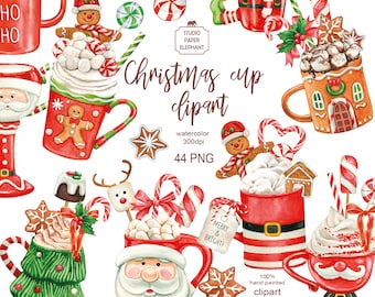Watercolor Christmas Cups Clipart: Hot Cocoa, Cookies (PNG, Instant Download)
