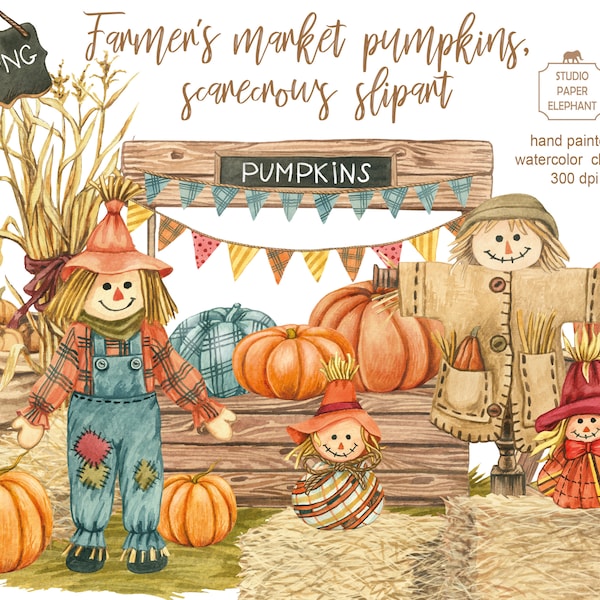 Watercolor Scarecrow Clipart, Farmer's market, Pumpkin harvest, Autumn clipart, PNG, instant download.