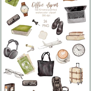 May include: A set of 26 watercolor clipart illustrations of office supplies, including a laptop, a briefcase, a coffee cup, a clock, a passport, a pair of headphones, a tote bag, a suitcase, a chair, a pair of shoes, a binder, a pair of glasses, a pen, a notebook, a paperclip, a push pin, a key, a plane, and two motivational signs that say "Work Hard" and "Keep Going".