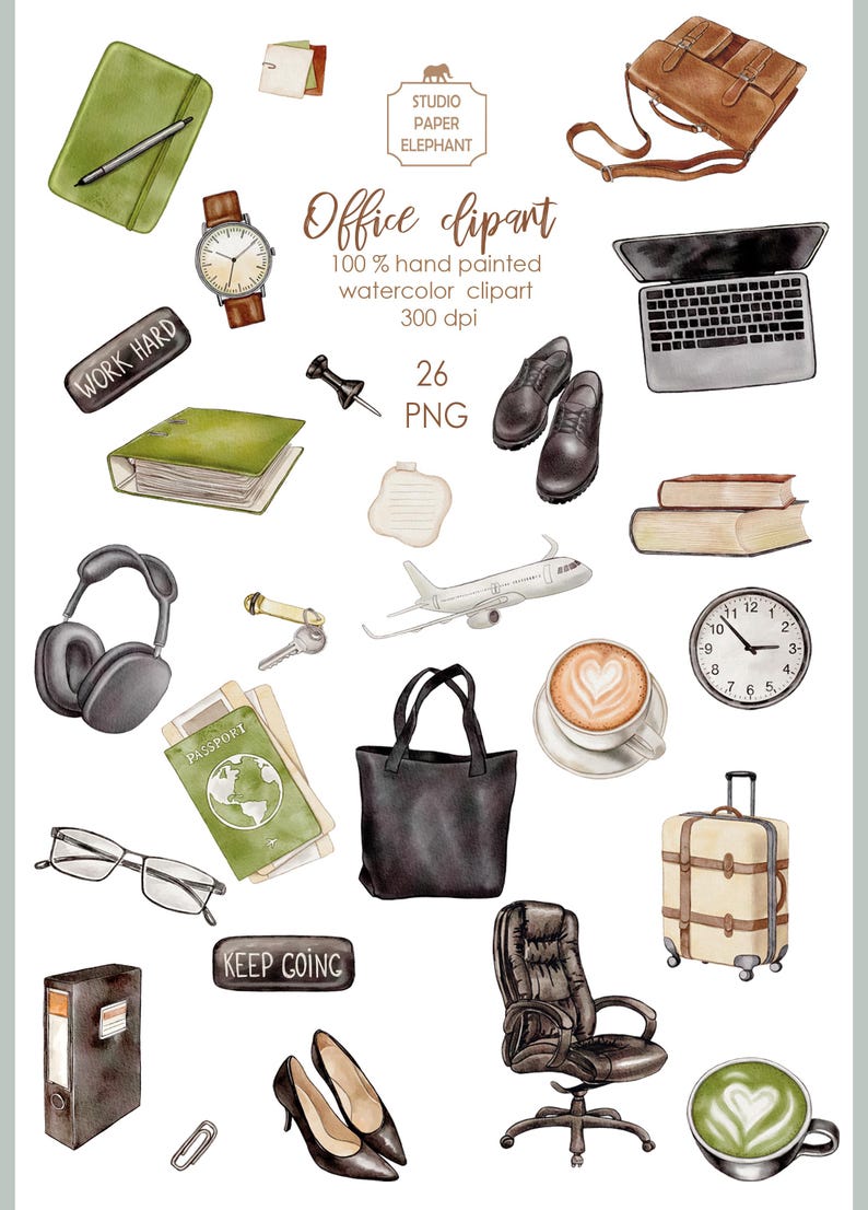 May include: A set of 26 watercolor clipart illustrations of office supplies, including a laptop, a briefcase, a coffee cup, a clock, a passport, a pair of headphones, a tote bag, a suitcase, a chair, a pair of shoes, a binder, a pair of glasses, a pen, a notebook, a paperclip, a push pin, a key, a plane, and two motivational signs that say "Work Hard" and "Keep Going".