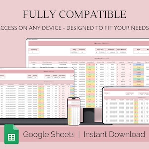 Op de afbeelding: Een screenshot van een Google Sheet-sjabloon voor het bijhouden van facturen. De sjabloon is ontworpen om op elk apparaat te worden gebruikt en bevat kolommen voor factuurnummer, datum, vervaldatum, betaald bedrag en saldo. De sjabloon is direct te downloaden.