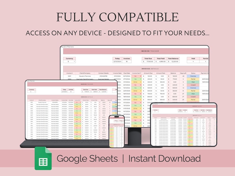Op de afbeelding: Een screenshot van een Google Sheet-sjabloon voor het bijhouden van facturen. De sjabloon is ontworpen om op elk apparaat te worden gebruikt en bevat kolommen voor factuurnummer, datum, vervaldatum, betaald bedrag en saldo. De sjabloon is direct te downloaden.
