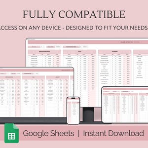 May include: A screenshot of a Google Sheet spreadsheet on a laptop, tablet, and phone. The spreadsheet is titled "Salon Inventory Tracker" and contains columns for product name, price, quantity, and total value. The text "FULLY COMPATIBLE" and "ACCESS ON ANY DEVICE - DESIGNED TO FIT YOUR NEEDS..." is displayed above the image. The text "Google Sheets | Instant Download" is displayed below the image.