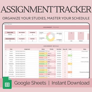 Assignment Tracker Spreadsheet Student Planner Google Sheets, Calendar Class Schedule Homework Tracker Task Study Planner College University