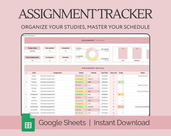Assignment Tracker Spreadsheet Student Planner Google Sheets, Calendar Class Schedule Homework Tracker Task Study Planner College University