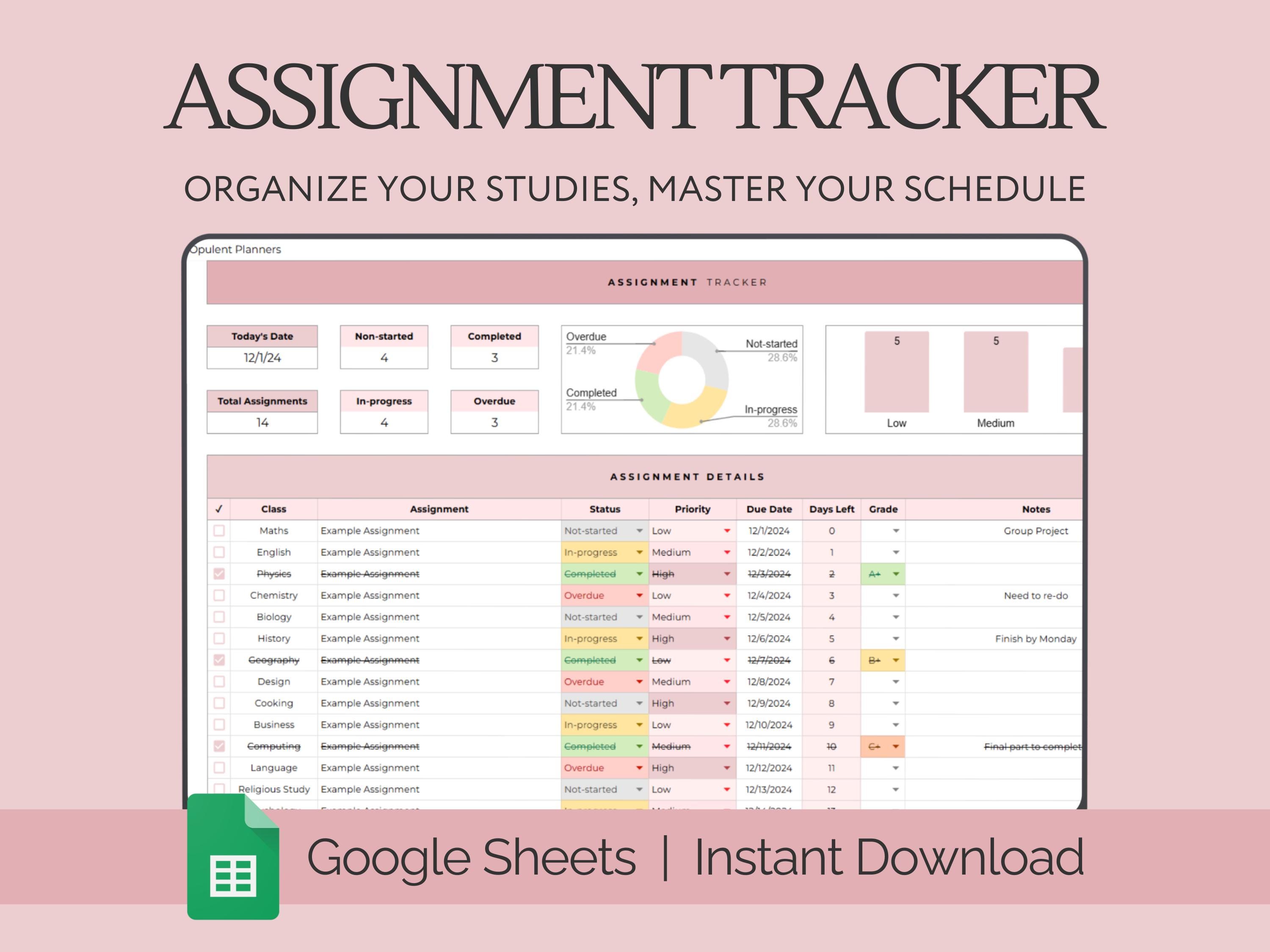 Assignment Tracker Spreadsheet Student Planner Google Sheets, Calendar ...