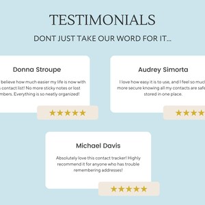May include: Three customer testimonials for a contact list app. The testimonials highlight the ease of use, security, and organization features of the app. Each testimonial includes a five-star rating.
