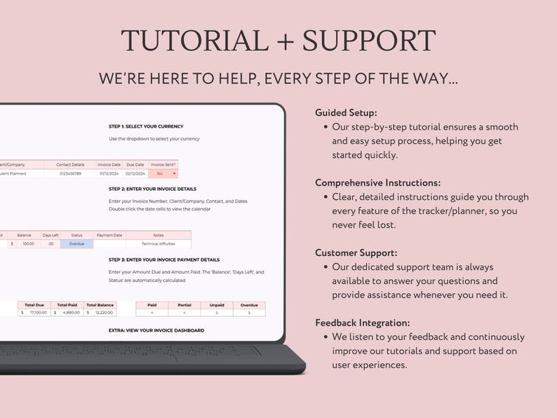 Op de afbeelding: Een screenshot van een computerscherm met een tutorial voor een factuurtracker. De tutorial omvat stappen voor het selecteren van valuta, het invoeren van factuurgegevens en het invoeren van betalingsgegevens. De tekst op het scherm zegt "Tutorial + Support" en "We zijn er om je te helpen, elke stap van de weg..."