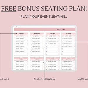 May include: A digital seating chart template for planning an event. The template has sections for table/group names, children attending, and guest names/details. The template is on a computer screen with a pink background.