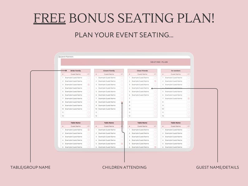 May include: A digital seating chart template for planning an event. The template has sections for table/group names, children attending, and guest names/details. The template is on a computer screen with a pink background.