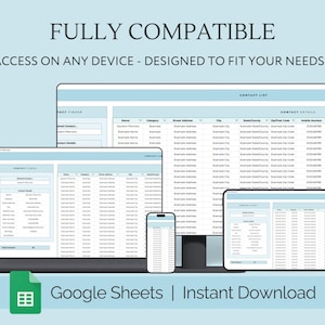 May include: A screenshot of a computer screen showing a Google Sheets spreadsheet with a contact list. The spreadsheet is divided into columns with headings for name, category, street address, city, state/county, zip/post code, and mobile number. The spreadsheet is designed to be fully compatible with any device.