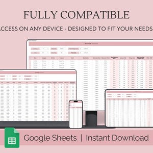 May include: A screenshot showing a Google Sheets spreadsheet on a laptop, tablet, and phone. The spreadsheet is titled "Mileage Tracker" and includes columns for date, category, item, price, and mileage. The text "FULLY COMPATIBLE" and "ACCESS ON ANY DEVICE - DESIGNED TO FIT YOUR NEEDS..." is displayed above the image. The text "Google Sheets | Instant Download" is displayed below the image.