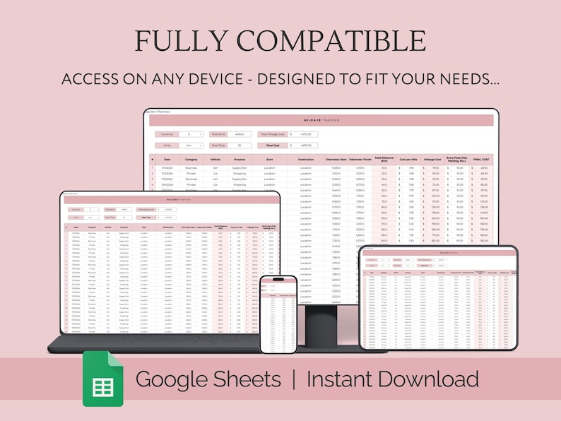 May include: A screenshot showing a Google Sheets spreadsheet on a laptop, tablet, and phone. The spreadsheet is titled "Mileage Tracker" and includes columns for date, category, item, price, and mileage. The text "FULLY COMPATIBLE" and "ACCESS ON ANY DEVICE - DESIGNED TO FIT YOUR NEEDS..." is displayed above the image. The text "Google Sheets | Instant Download" is displayed below the image.