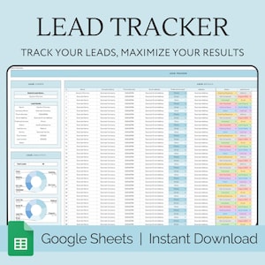 以下が含まれることがあります： リードを追跡するためのGoogleスプレッドシートテンプレート。テンプレートは青と白の配色で、リードの詳細、ソース、ステータス、フォローアップのセクションが含まれています。テンプレートの上部には「LEAD TRACKER」というテキストがあり、その下には「TRACK YOUR LEADS, MAXIMIZE YOUR RESULTS」というテキストがあります。テンプレートの下部には「Google Sheets | Instant Download」というテキストがあります。