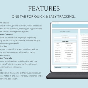 May include: A laptop computer screen displaying a contact management software program. The software features a contact finder, a contact details section, and a contact list. The software is designed to help users organize and manage their contacts.