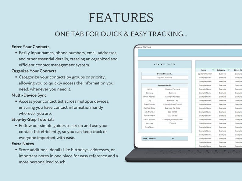 May include: A laptop computer screen displaying a contact management software program. The software features a contact finder, a contact details section, and a contact list. The software is designed to help users organize and manage their contacts.