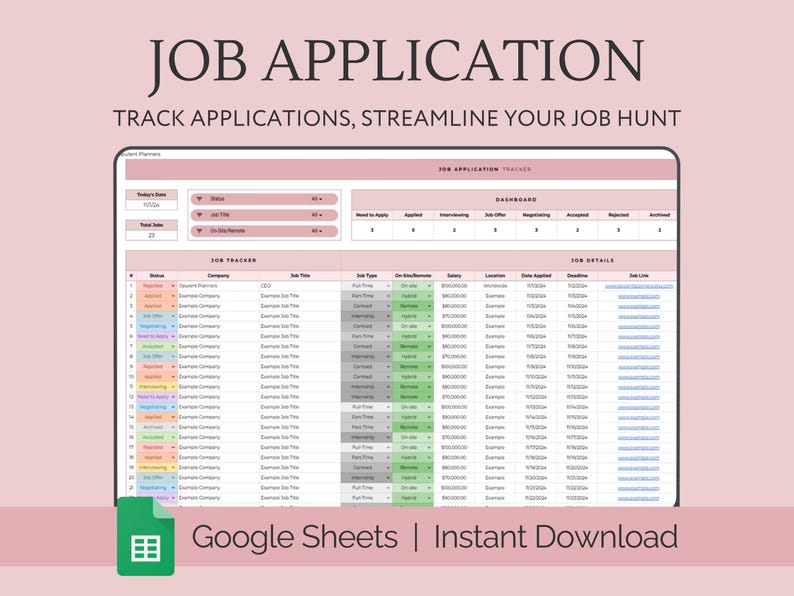 May include: A Google Sheets template for tracking job applications. The template includes sections for job details, company, job title, salary, location, date applied, deadline, and job link. The template also includes a dashboard to track the status of each application.