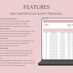 Op de afbeelding: Een laptopscherm dat een spreadsheet toont met kolommen voor factuurnummer, klant, contactgegevens, factuurdatum, vervaldatum, factuurbedrag en betaald bedrag. De spreadsheet is getiteld "Invoice Planner". De tekst "FEATURES" wordt boven het laptopscherm weergegeven, met daaronder de tekst "ONE TAB FOR QUICK & EASY TRACKING...". De tekst "Manage Your Invoices with Ease", "Organize Your Invoices", "Multi-Device Access", "Step-by-Step Guides" en "Extra Notes" wordt onder het laptopscherm weergegeven, met opsommingstekens die de functies van de software beschrijven.