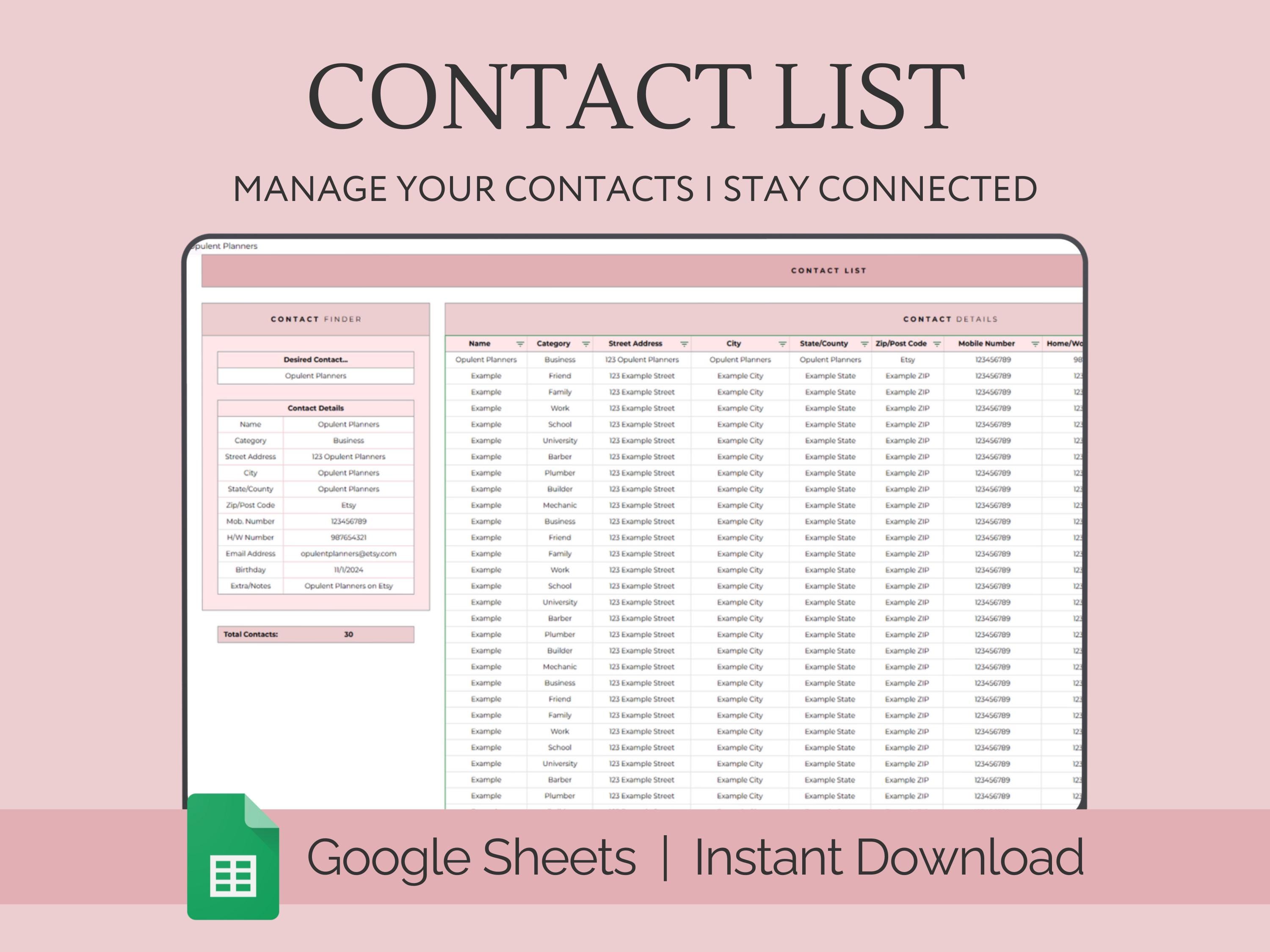 Contact List, Google Sheets, Address Book, Address Sheet, Contact Organizer, Emergency List, Client Tracker, Contact Information Digital Log