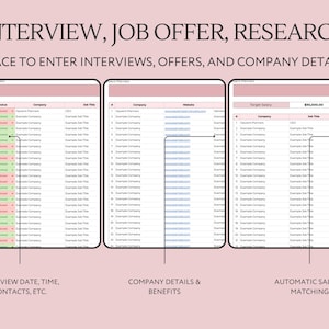 May include: Three spreadsheets on a computer screen, labeled "Interview, Job Offer, Research". The first spreadsheet is for tracking interview dates, times, and contacts. The second spreadsheet is for tracking company details and benefits. The third spreadsheet is for tracking target salary and automatically matching salaries.