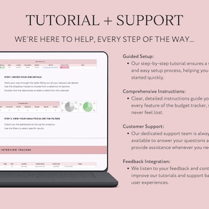 May include: A screenshot of a computer screen showing a tutorial for a budget tracker app. The tutorial includes steps on entering job details, viewing analytics, and using filters. The screen also includes information about guided setup, comprehensive instructions, customer support, and feedback integration.
