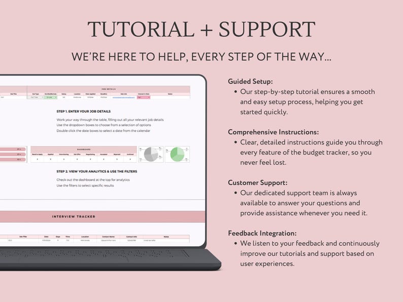 May include: A screenshot of a computer screen showing a tutorial for a budget tracker app. The tutorial includes steps on entering job details, viewing analytics, and using filters. The screen also includes information about guided setup, comprehensive instructions, customer support, and feedback integration.