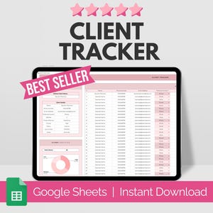 Könnte beinhalten: Eine rosa und weiße Google Sheets-Tabellenvorlage zum Verfolgen von Kunden. Die Vorlage enthält Abschnitte für Kundendetails, Notizen und ein Kreisdiagramm, um Kundendaten zu visualisieren. Der Text "CLIENT TRACKER" wird oben in der Tabelle in schwarzer Schrift angezeigt. Der Text "BEST SELLER" wird oben in der Tabelle in einem rosa Banner angezeigt. Der Text "Google Sheets | Sofort-Download" wird unten in der Tabelle angezeigt.