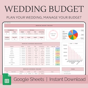 May include: A pink and white Google Sheet template for wedding budget planning. The sheet includes sections for planning, totals, wedding expenses breakdown, wedding expenses tracker, and tasks. The sheet also includes a pie chart and a bar graph.