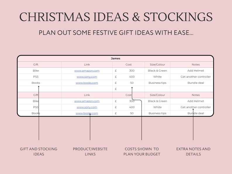 May include: A table with a list of Christmas gift ideas and their estimated costs. The table includes a column for the gift, link, cost, size and color, and notes. The table is titled "James".